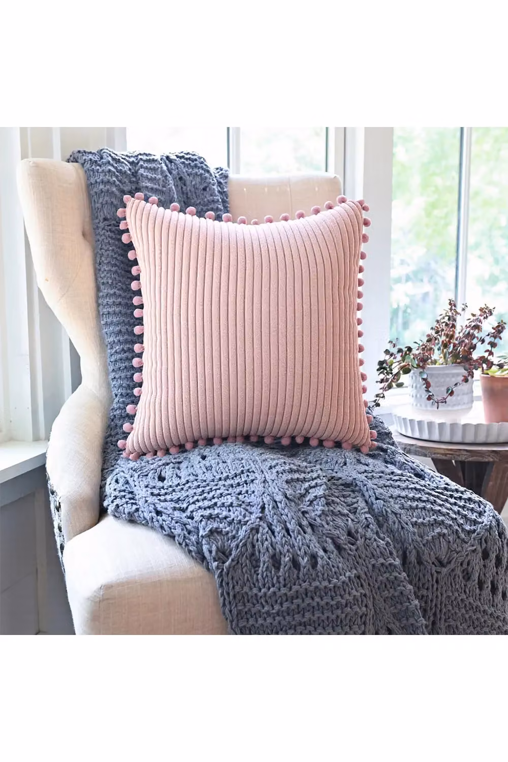 Living and Home Pink Polyester Square Cushion Cover with Pom-Pom Trim – 2