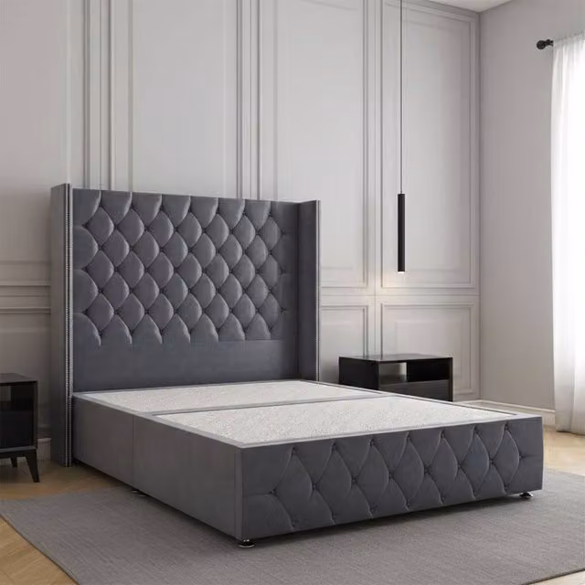 Regional Furnishings Plush Velvet Double Divan Bed with 54 inch Headboard and Footboard in Grey, W/D/H: 140 x 200 cm