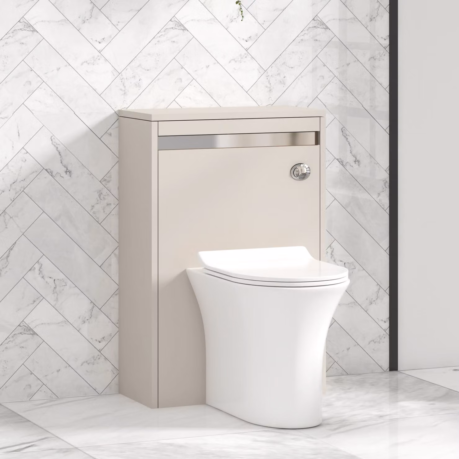 Orion Warm Taupe Wall Mounted WC Unit with Breeze Rimless Ceramic Toilet Pan, Slim Seat and Cistern, Chrome Accent Trim, Width: 54 cm