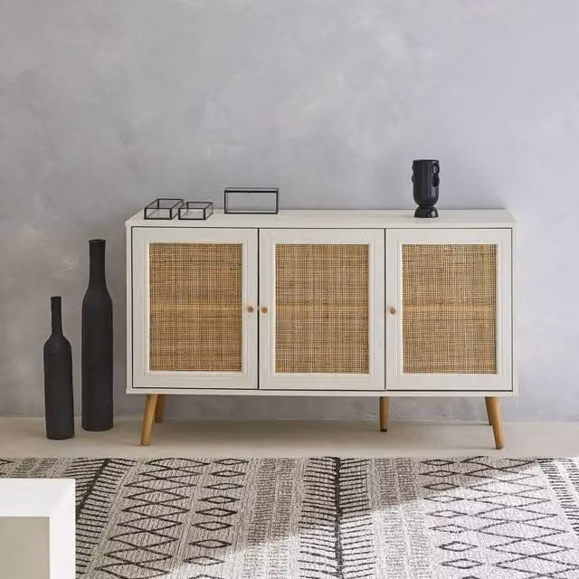 Sweekeek White Boho Sideboard Cabinet with Rattan and Glass Details, Width: 120 cm