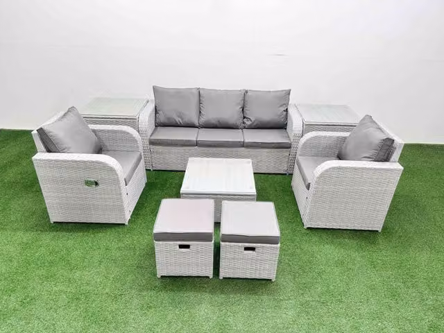 Fimous PE Rattan Garden Furniture Set in Light Grey with 3-Seater Sofa, Reclining Armchair, Coffee Table, Side Tables, Stools and Ottoman