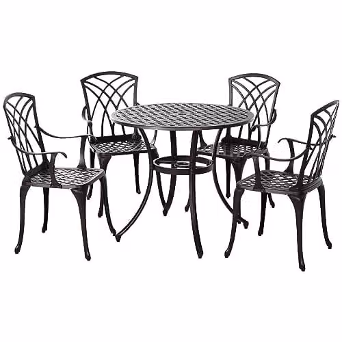 Outsunny 5 Piece Modern Garden Bistro Set with Round Coffee Table and 4 Chairs in Brown and Black Powder Coated Aluminium