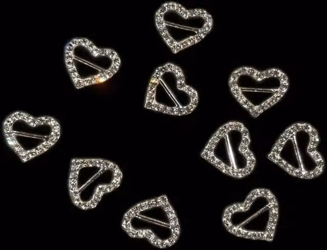 Syntego Pack of 10 Silver Decorative Heart Diamante Metal Ribbon Slider Buckles