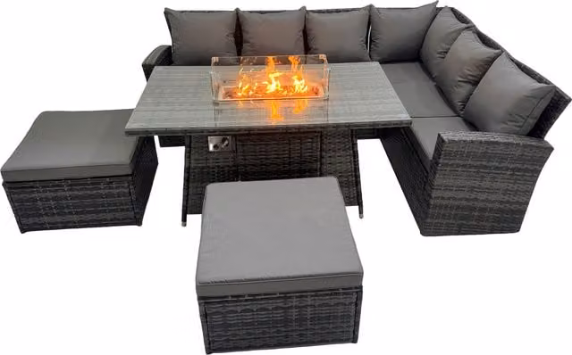Fimous Rattan Corner Sofa Set with Gas Fire Pit Table and 2 Footstools in Dark Grey