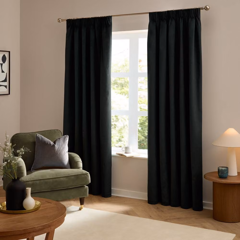 Furn Black Velvet Room Darkening Pencil Pleat Curtain Pair, Width: 168 cm, Drop: 183 cm – 2
