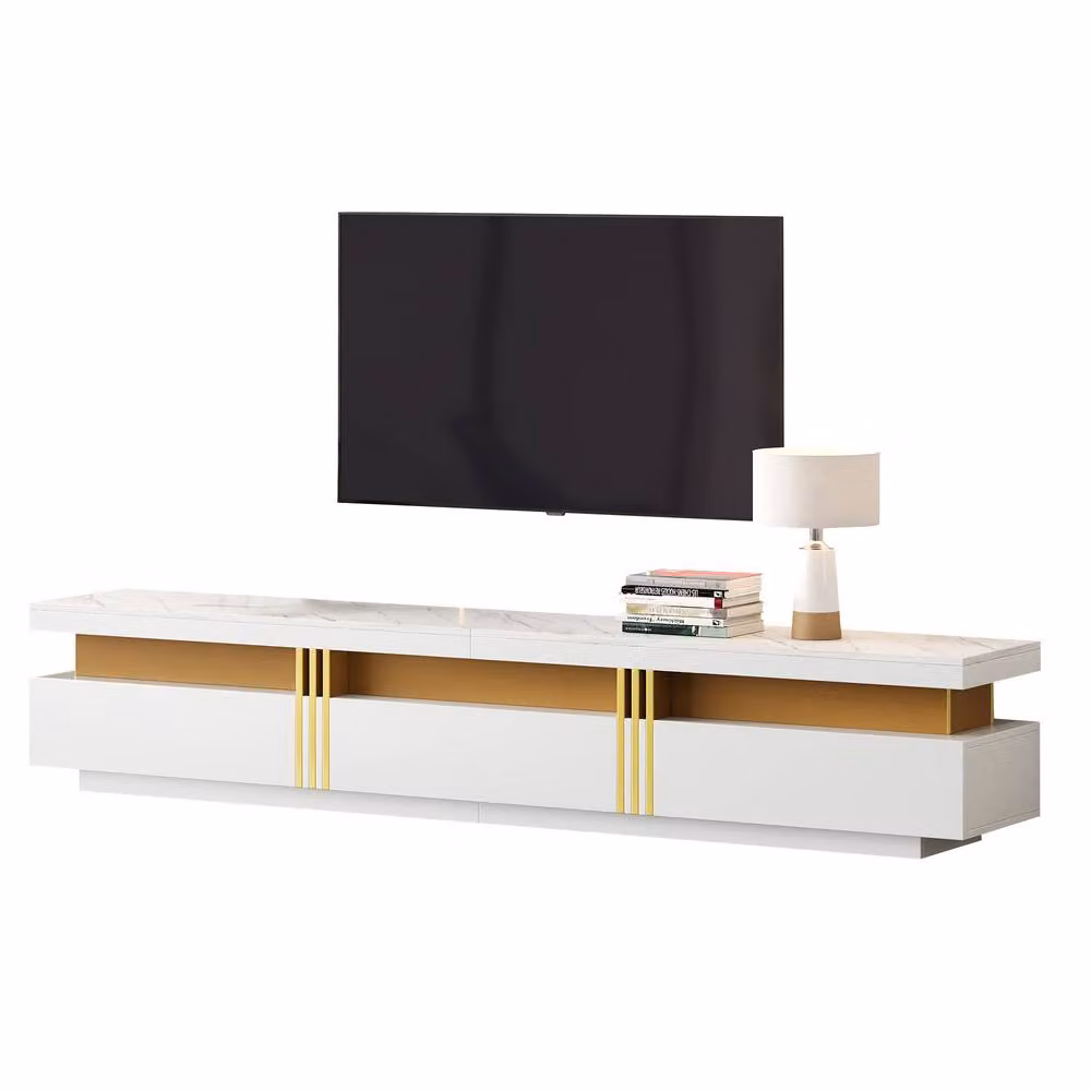 ModernLuxe Luxury TV Cabinet with Faux Marble Top, Gold Panels and 3 Drawers in White and Gold, W: 200 cm, H: 42 cm, D: 40 cm – 2
