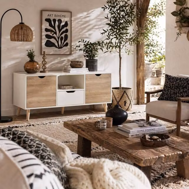 Wyld Haus Reneba TV Console in Natural and White with Drawers and Cupboards, W: 110 cm, D: 40 cm, H: 50 cm – 1
