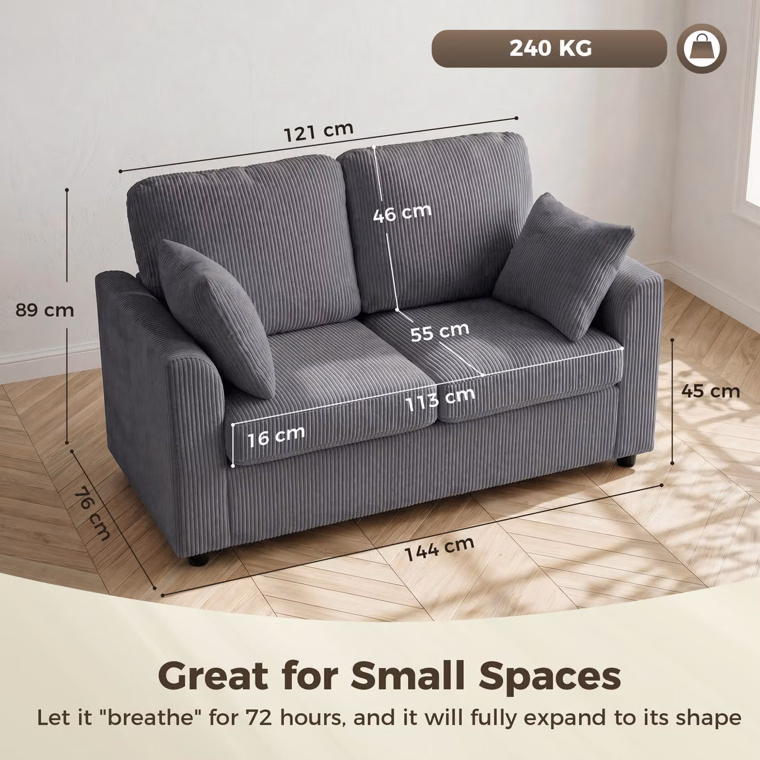 HOMCOM 2 Seater Corduroy Sofa in Dark Grey with Spring Cushions and Scatter Cushions – 3