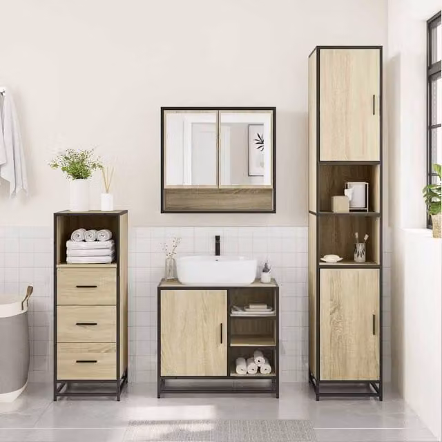 Berkfield Home 3 Piece Industrial Bathroom Furniture Set in Tan with Mirror Cabinet, Vanity Unit and Tall Cabinet