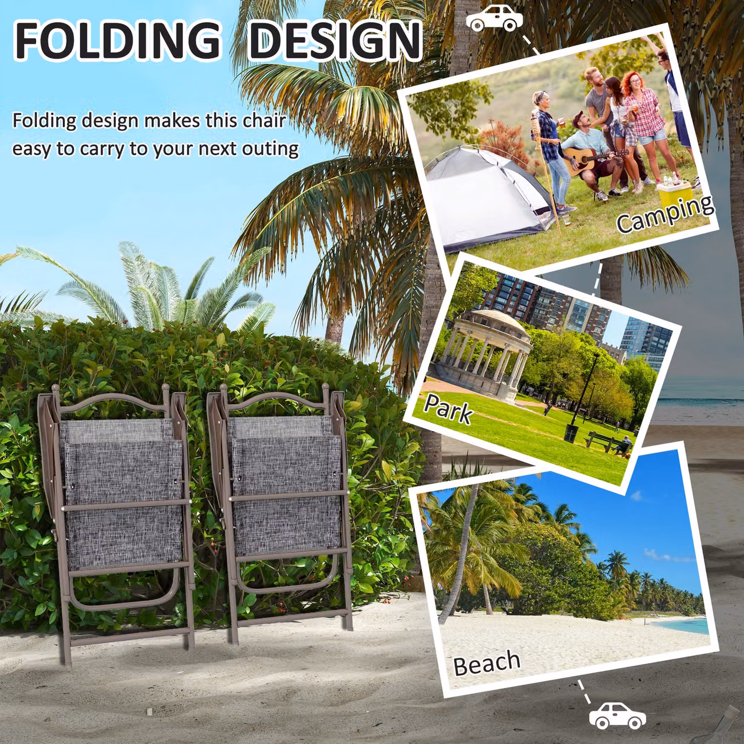 Outsunny Set of 2 Folding Mesh Camping Chairs with Armrests in Grey – 3