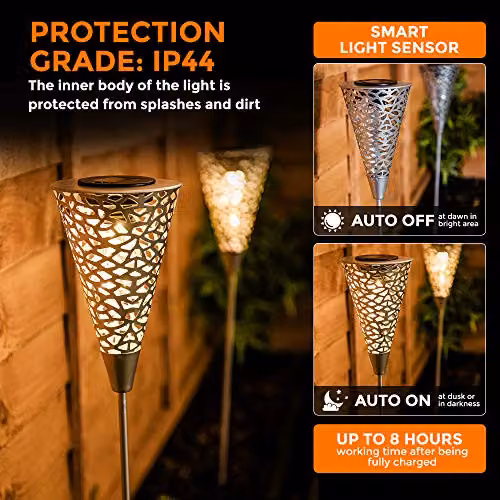 LIVIVO 2pc LED Solar Garden Stake Lights in Silver with Warm White Light and Dusk Sensor – 6