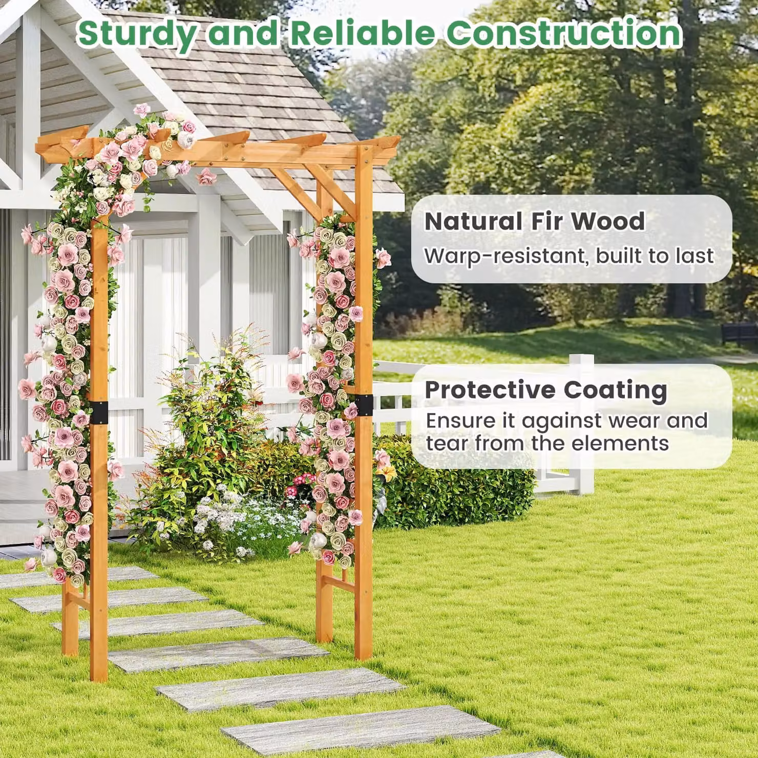 Costway Wooden Garden Arch Arbor and Outdoor Trellis in Yellow, H 215 x W 60 x D 60 cm – 3