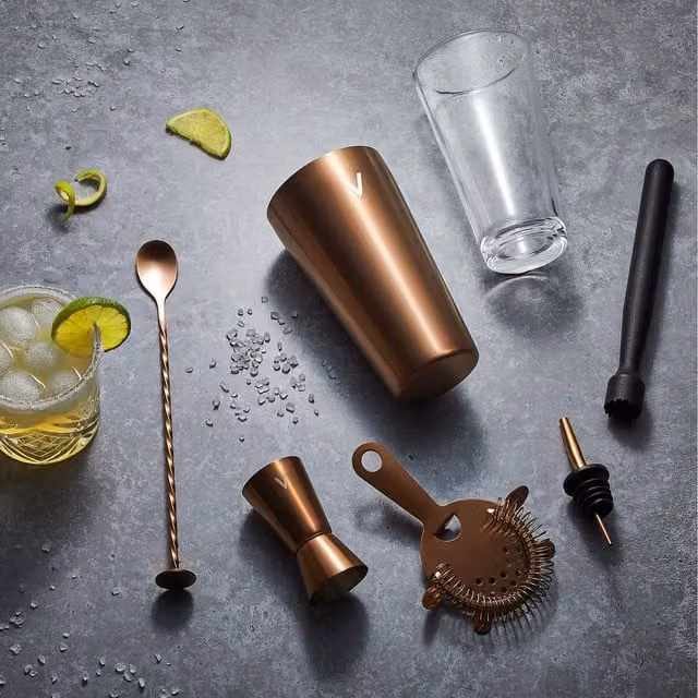 VonShef 6 Piece Stainless Steel Boston Cocktail Shaker Set with Accessories in Copper
