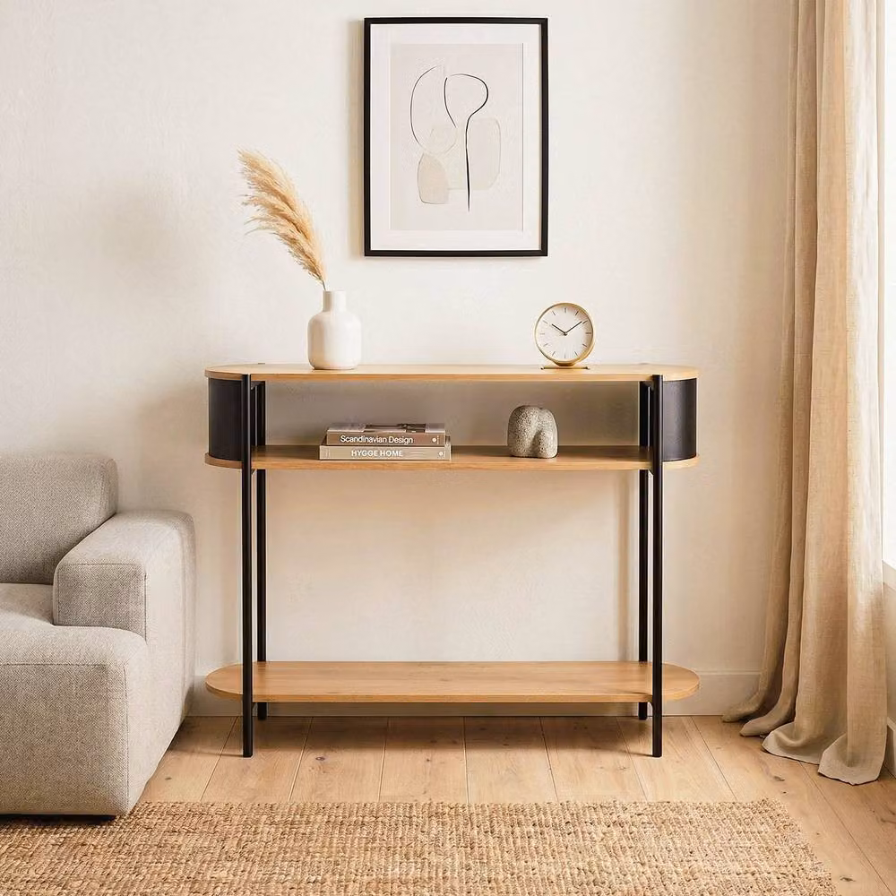 CALICOSY EKLO 3-Tier Industrial Console Table with Black Metal Sides in Light Brown, W: 100 cm, H: 80 cm, D: 34 cm – 2