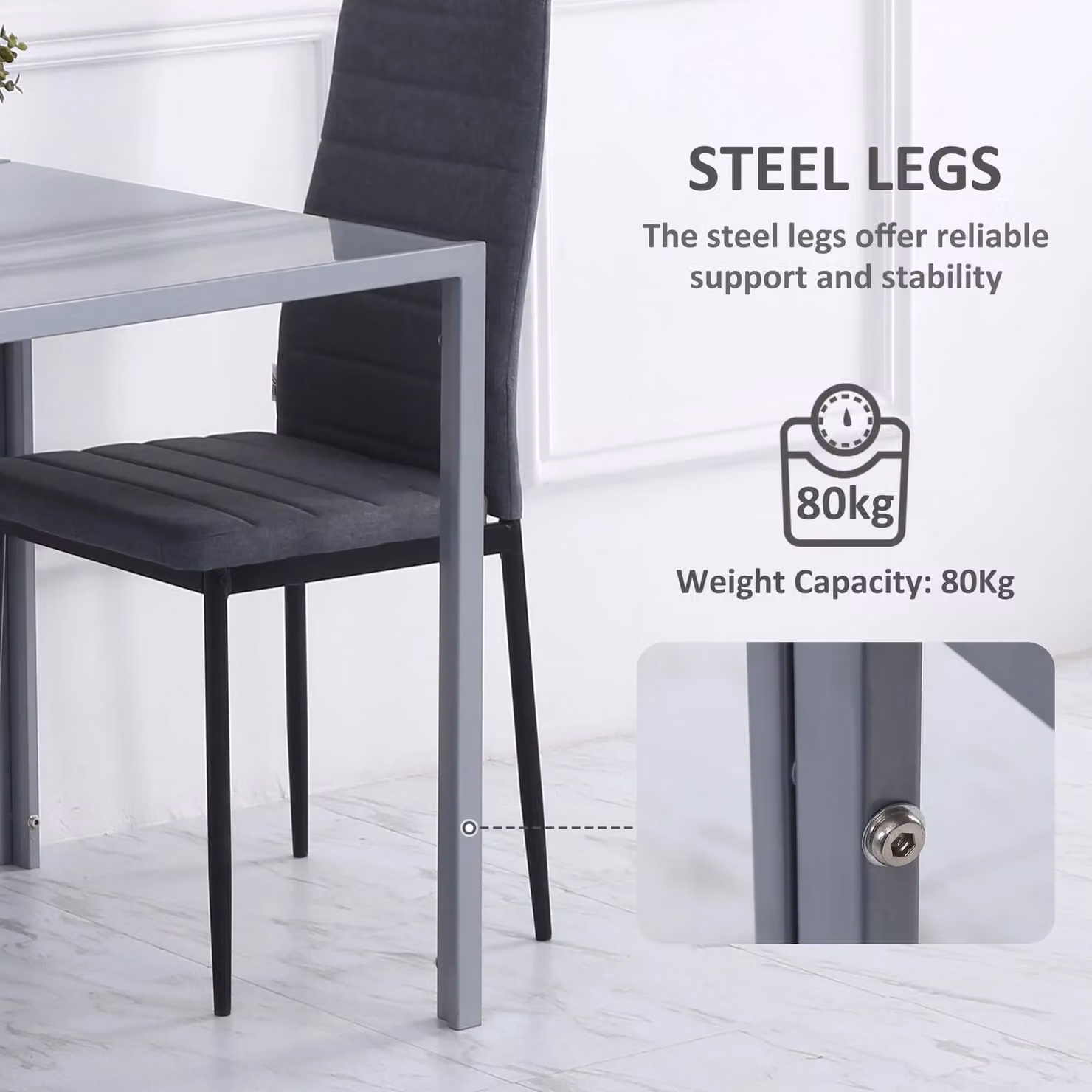 HOMCOM Modern Square Glass Top Dining Table with Metal Legs, Grey, W/D/H: 80 x 75 x 75 cm – 3