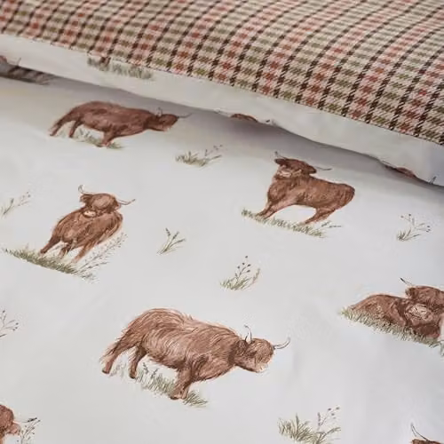 Catherine Lansfield Angus Highland Cow Reversible King Duvet Cover and Pillowcase Set in Beige – 2