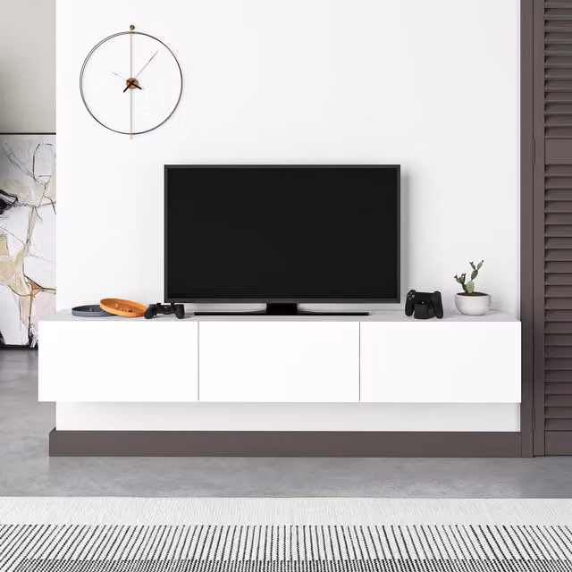 Decortie Francy Modern Wall Mounted Floating TV Unit, White, W/D/H: 180 x 32 x 30 cm, 2 Pack – 1