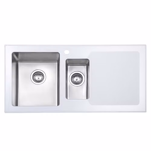 JASSFERRY Brilliant White Glass and Stainless Steel Kitchen Sink, 1.5 One Half Bowl with Right Hand Drainer and Strainer Waste, W: 1000 mm, D: 500 mm