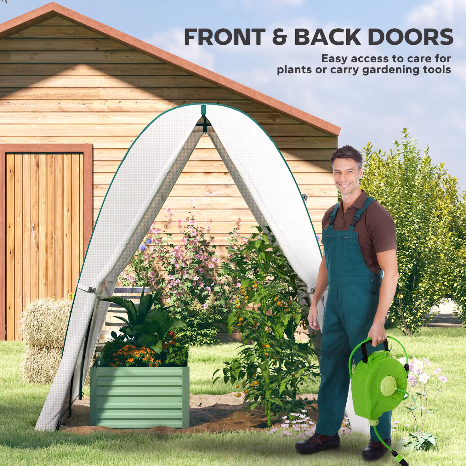 Outsunny White Hoop House Greenhouse with Sandbags, Walk-In Tunnel Growing Aid with 2 Doors and Screen Windows, W/D/H: 180 x 180 x 200 cm – 4