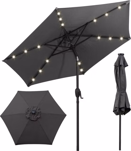 Costway Solar Outdoor Market Patio Umbrella in Grey with Polyester Canopy, H 230 cm