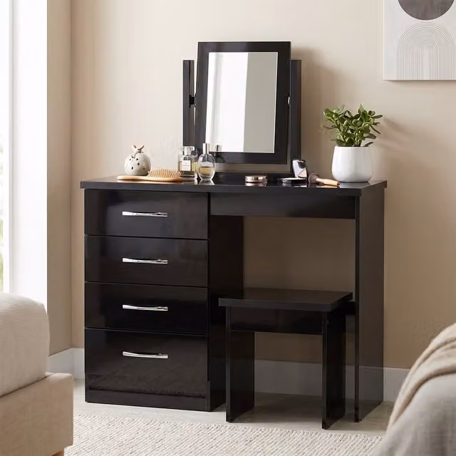 Seconique Nevada 4 Drawer Dressing Table Set in Black Gloss
