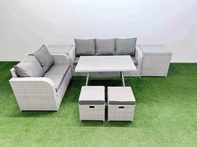 Fimous Modern Rectangular Dining Table and Sofa Set in Light Grey with 2 Small Stools and 2 Side Tables
