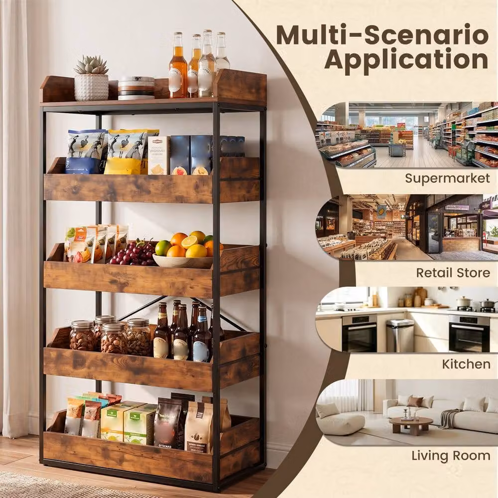 Costway 5-Tier Brown Metal Food Storage Rack and Retail Snack Display Shelf with 4 Drawers – 6