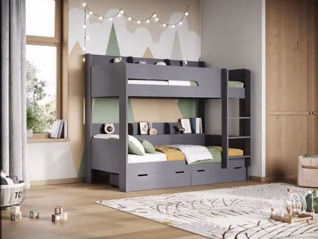 Flair Eddie Solid Wood Storage Bunk Bed in Grey, Single Size, W/D/H: 90 x 190 x 170 cm – 1