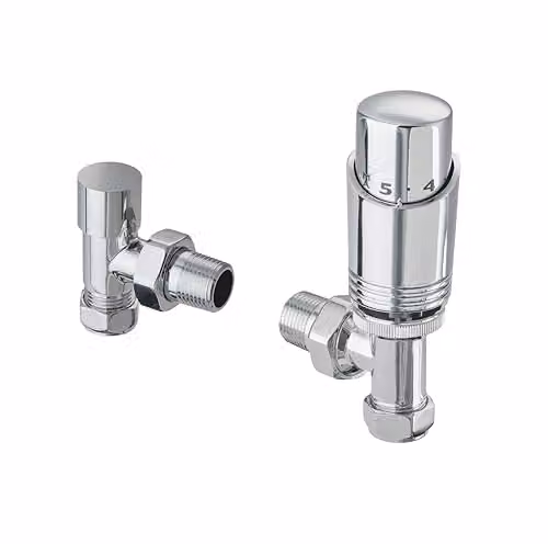 Terma Cylindrical Thermostatic Angled Accessory Valve and Lockshield Set in Chrome