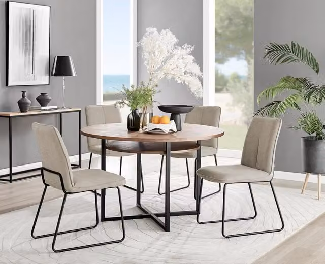 FurnitureboxUK Adley Brown Wood Round Dining Table and 4 Halley Beige Chairs Set – 1