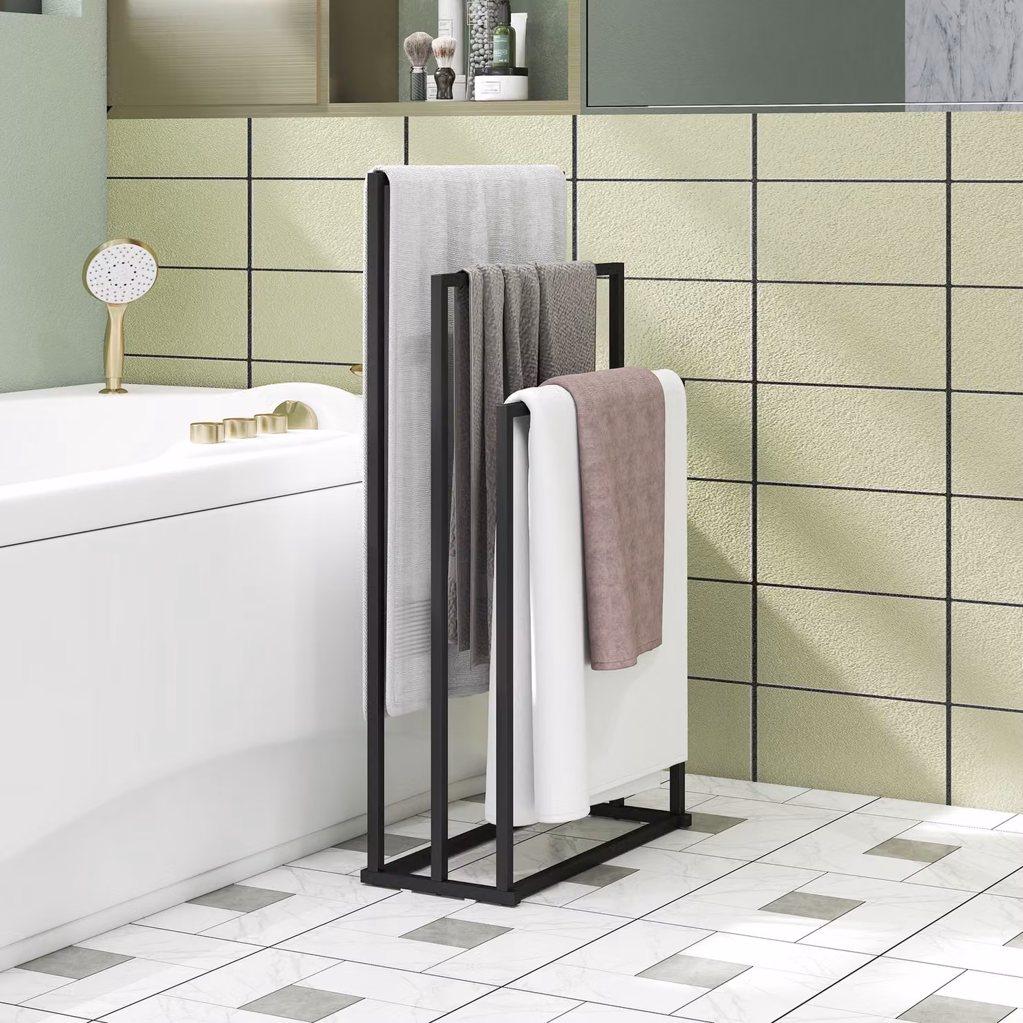 HOMCOM Freestanding Steel Towel Rack with 3 Bars in Matt Black – 2