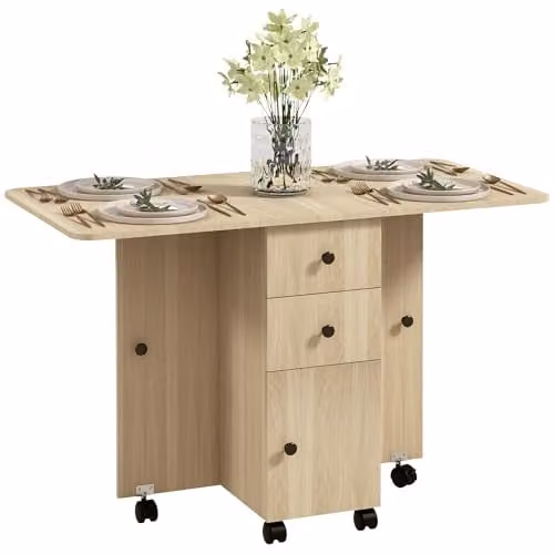 HOMCOM Folding Drop Leaf Dining Table with Castors, Brown, W/D/H: 120 x 60 x 76.5 cm
