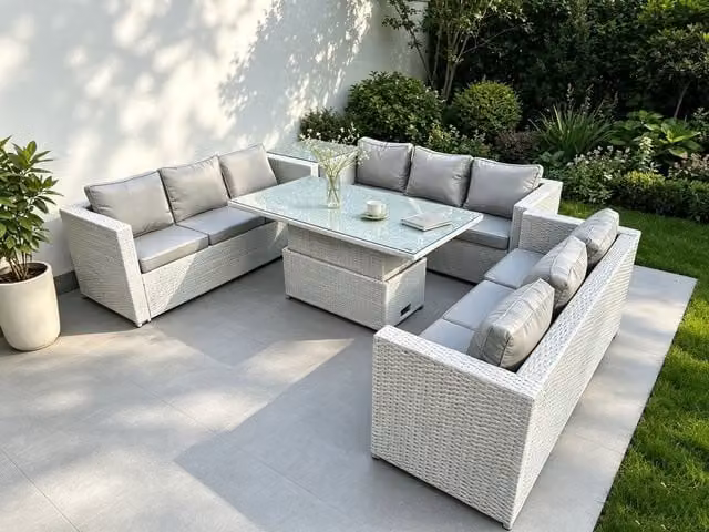 Fimous U-Shape Rattan Garden Furniture Set in Light Grey with Adjustable Lifting Table and Upholstered Cushions – 1