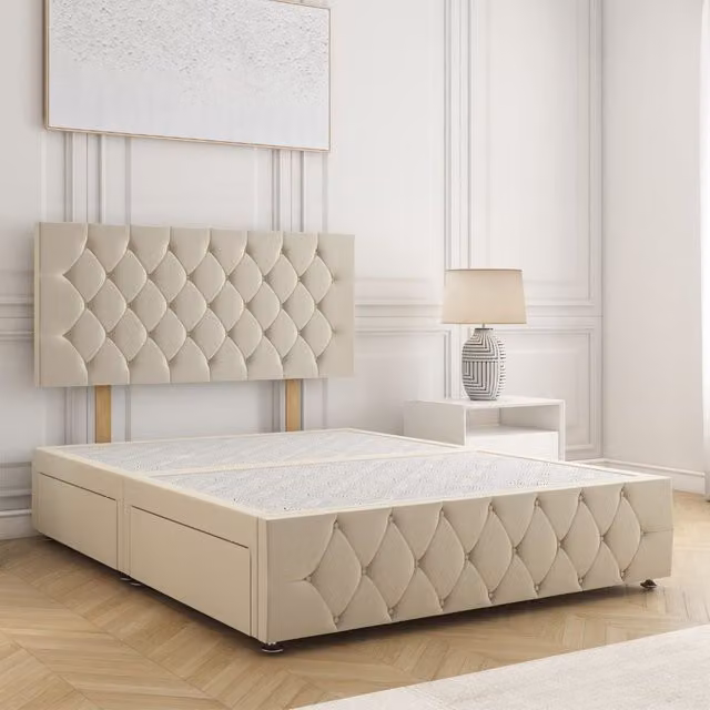 BSSPOKE Mulberry Small Double Divan Bed in Beige Velvet with 24 inch Headboard and 2 Drawers, W/D/H: 120 x 200 cm