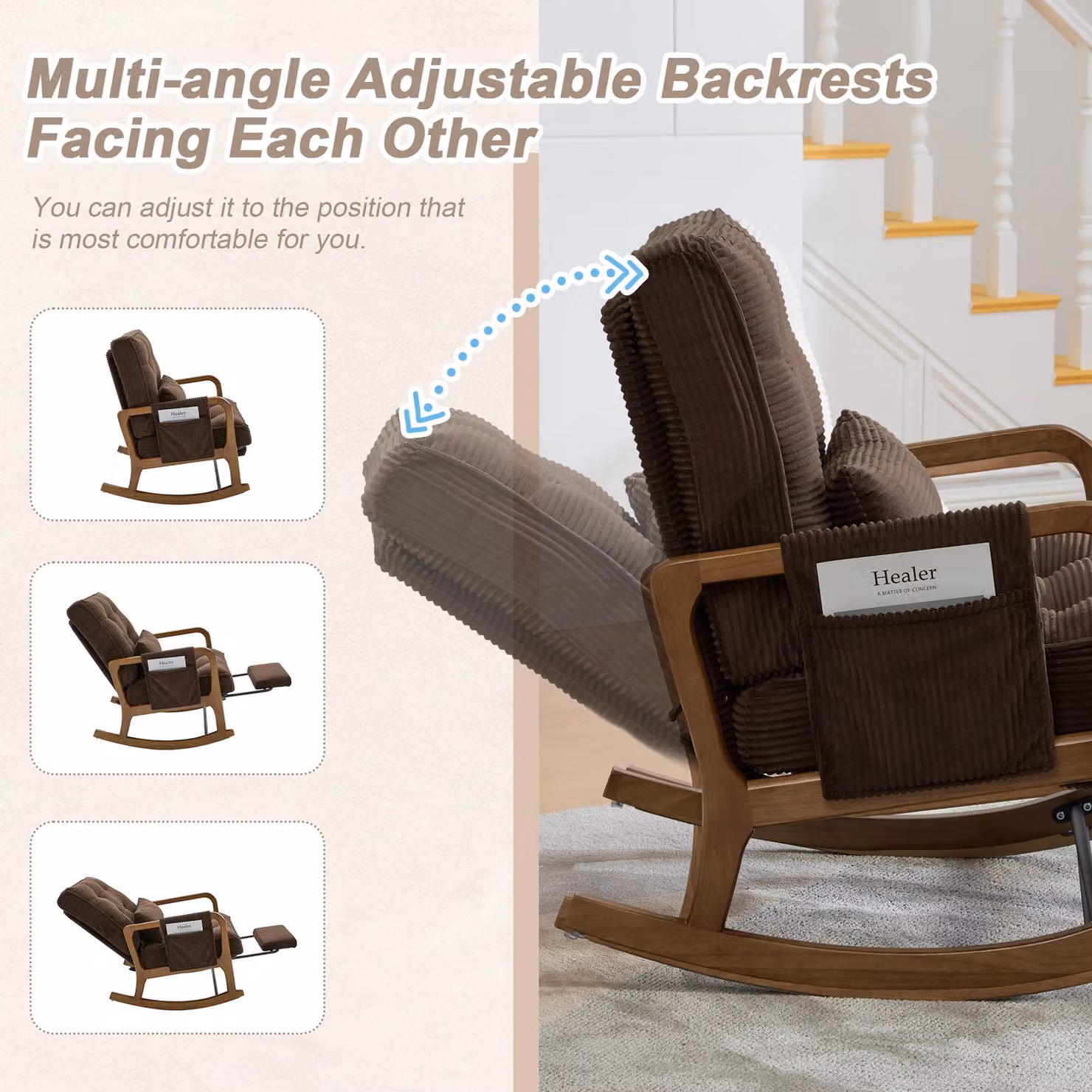 Aosom UK Corduroy Rocking Chair with Adjustable Footrest and Side Pocket in Brown, L 92 x W 80 x H 70 cm – 5