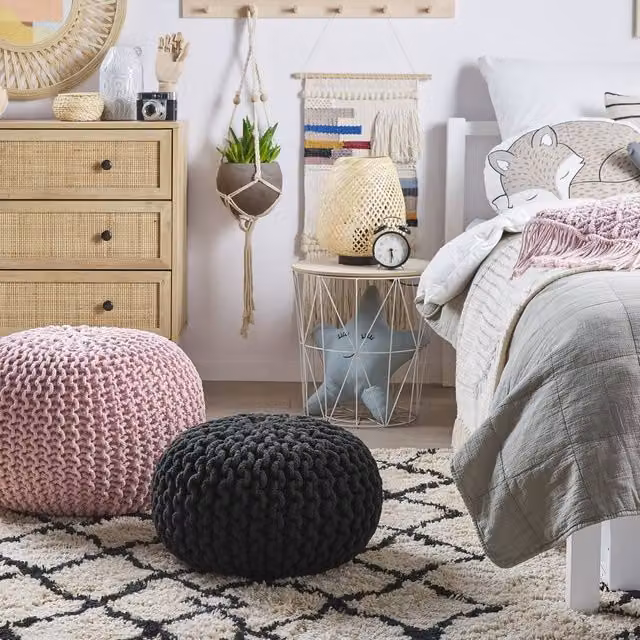 Wyld and Coco Black Knitted Cotton Pouffe, Diameter: 40 cm, Height: 25 cm – 1