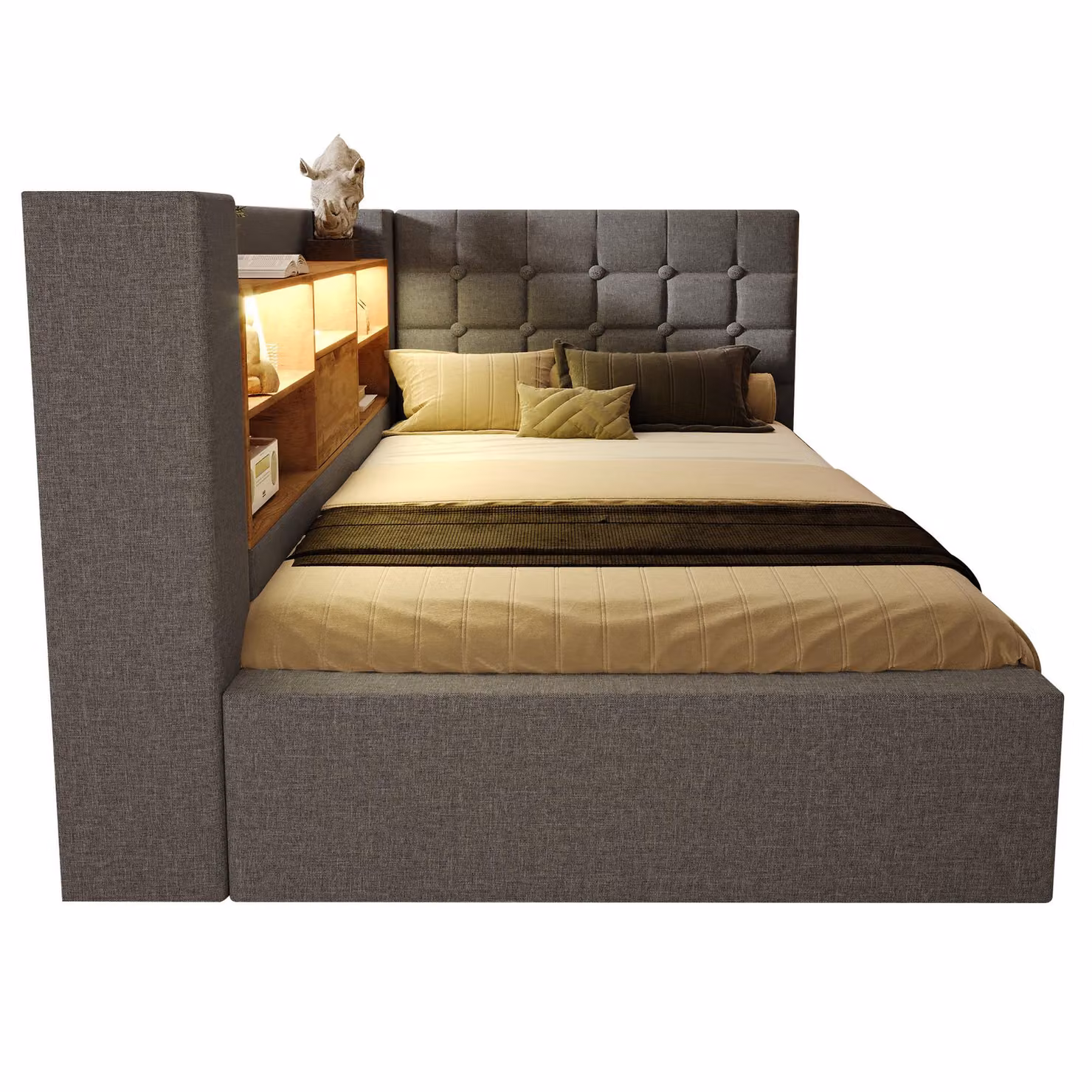 Aosom UK Grey Upholstered Single Bed with Hydraulic Storage and Interchangeable L-shaped Headboard, W/D/H: 108 x 203 x 86 cm – 7