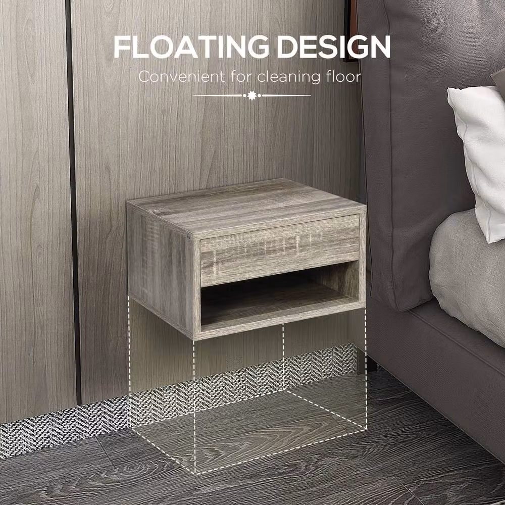 STILVORA Set of 2 Modern Wall Mounted Floating Bedside Tables with Drawer and Shelf in Grey – 3