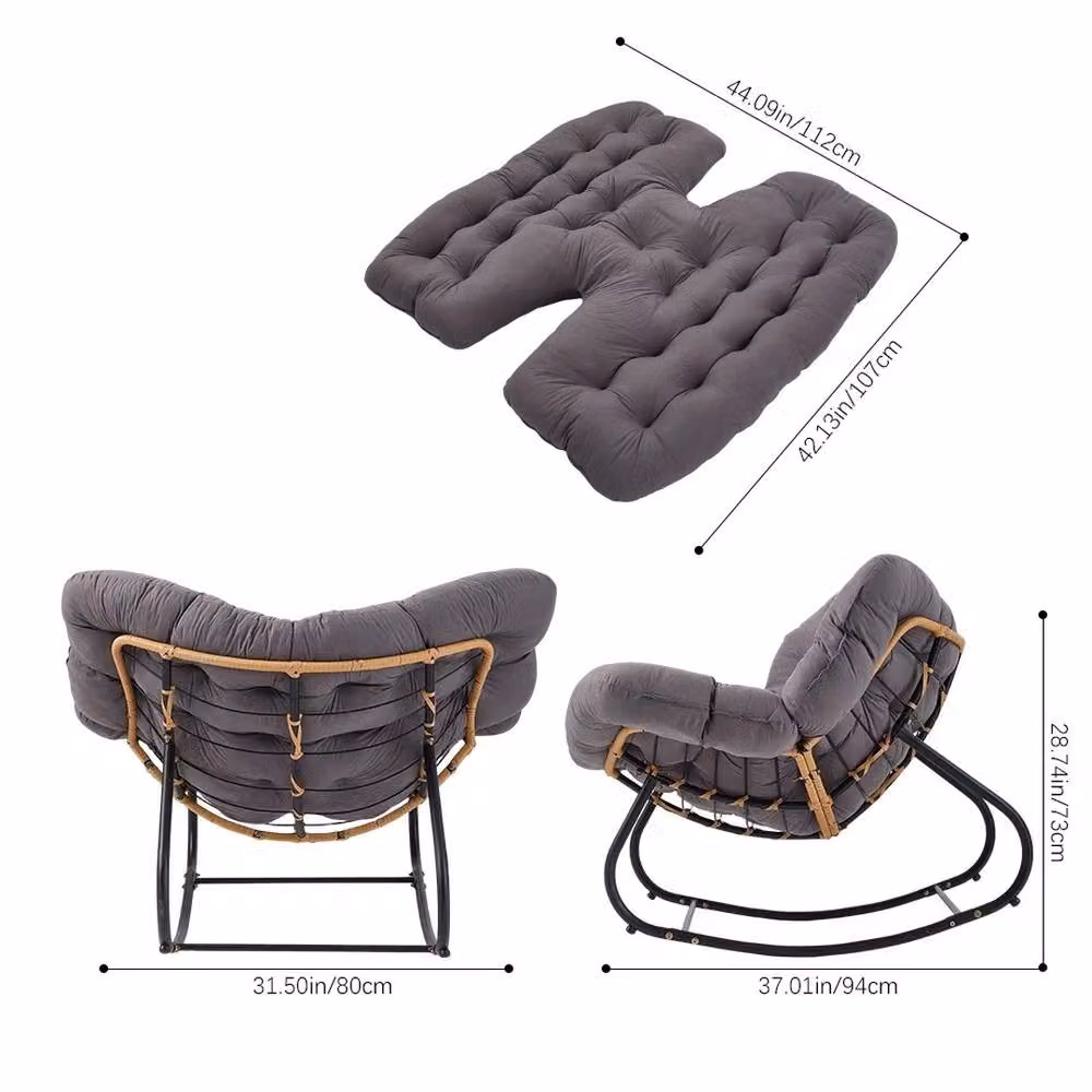 NESTLUNE Grey Large Rocking Lounge Chair with Thick Fabric Cushion and Metal Frame, W/D/H: 100 x 60 x 73 cm – 2