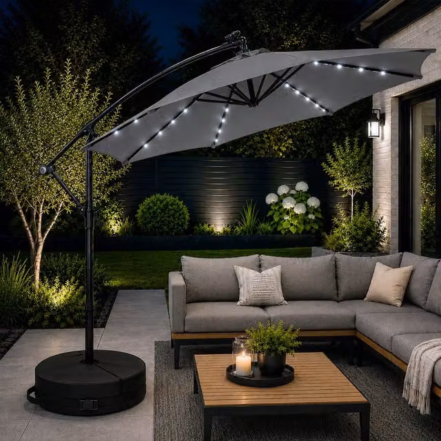Samuel Alexander Solar Powered Cantilever Parasol with Crank Handle and White LED Lights in Grey