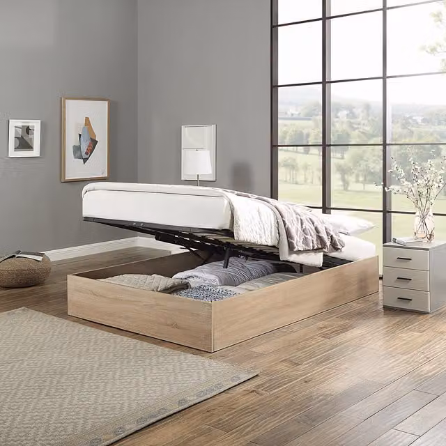 Home Treats Double Wooden Ottoman Bed Frame in Brown Pine with Lift Up Base, 140 x 200 cm