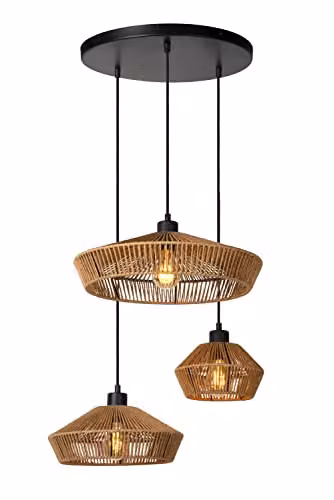 Lucide Yunkai Dimmable Adjustable Cluster Pendant Light in Brown Rattan and Paper, Diameter: 60 cm