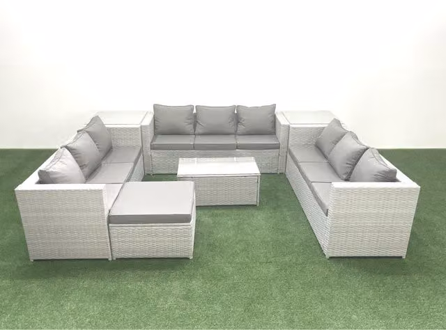 Fimous 10-Seater Rattan Garden Sofa Set in Light Grey with Ottoman and Coffee Table