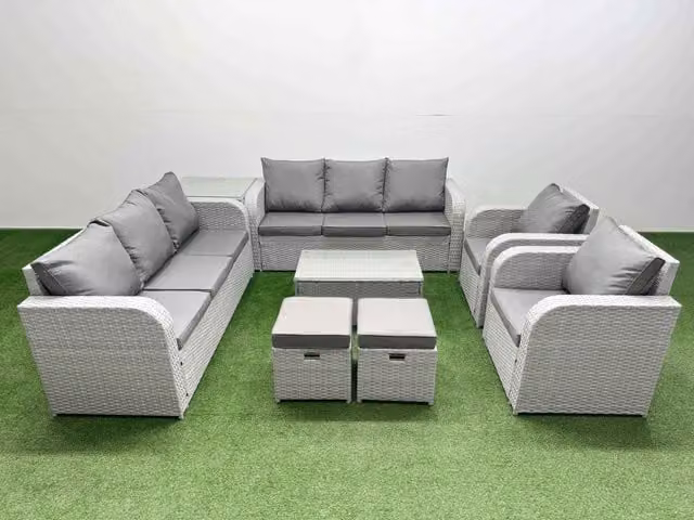 Fimous PE Rattan High Back Lounge Sofa Set in Light Grey with 3 Seater Sofa, Reclining Chair, Stools, Coffee Table and Side Table