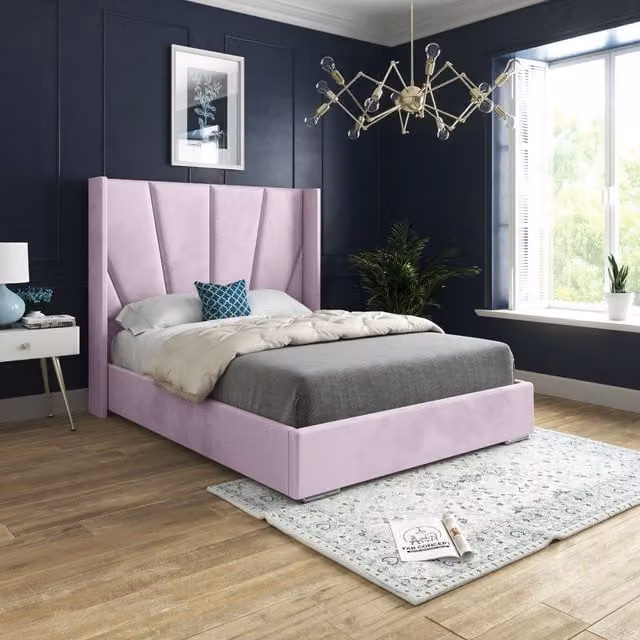 Casani Bellini Wide Curved Winged Upholstered Soft Velvet Bed Frame in Pink, W/D/H: 144 x 140 x 200 cm