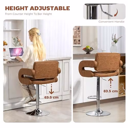 HOMCOM Brown Swivel Bar Stool with Armrests and Adjustable Height in Synthetic Leather – 3