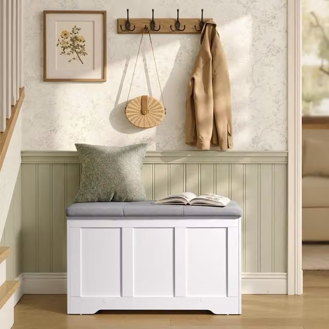 VASAGLE White Farmhouse Storage Chest and Padded Shoe Storage Bench