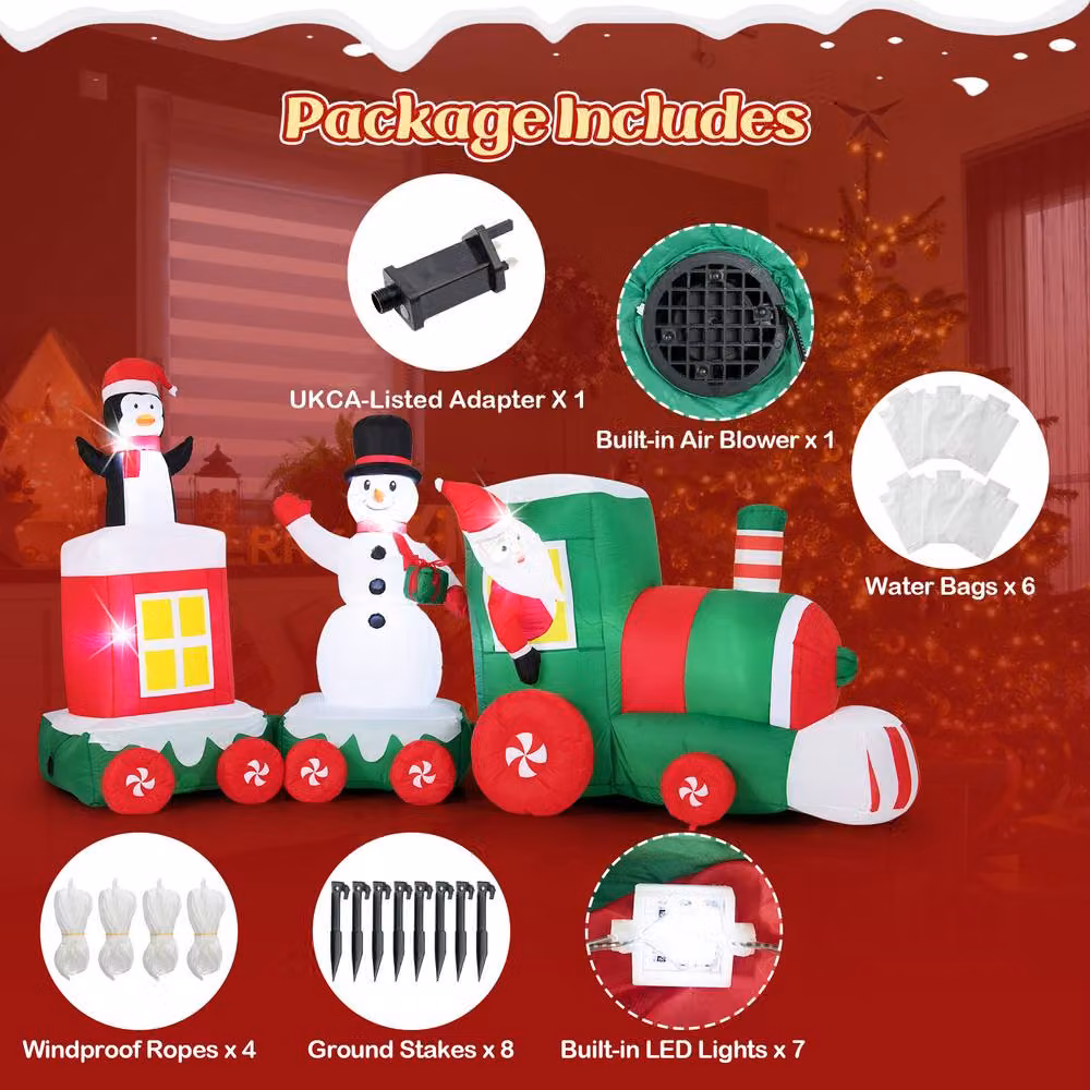 Gymax Red and Multicolour Christmas Inflatable Santa Claus Driving Train with LED Lights – 7