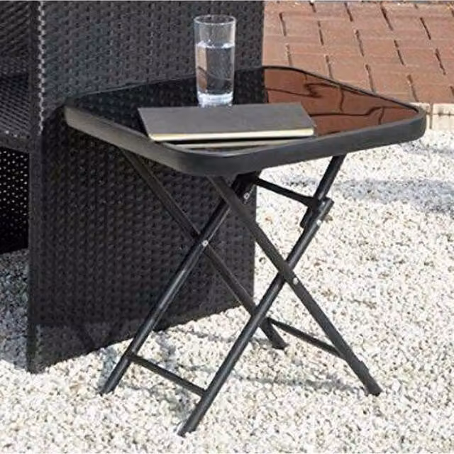 Garden Mile Black Glossy Metal and Glass Portable Garden Table