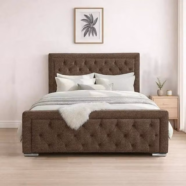 Bed Time UK Naples Upholstered Double Bed Frame with Chesterfield Floor Standing Headboard in Beige or Brown, 140 x 200 cm